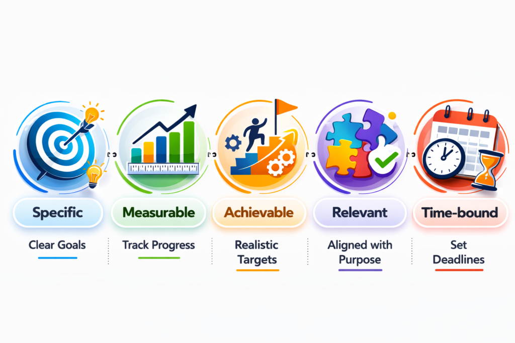 MART Goals diagram showing Specific, Measurable, Achievable, Relevant, Time-bound for effective student goal planning.