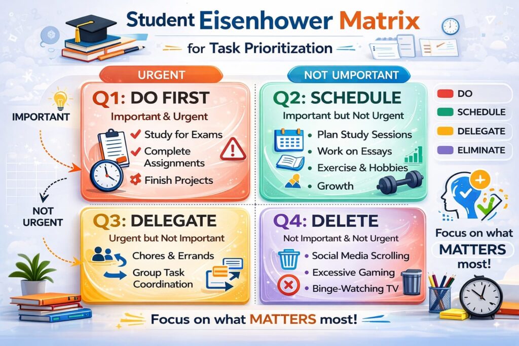 Students planning their study schedule with notes and a clock to manage time effectively