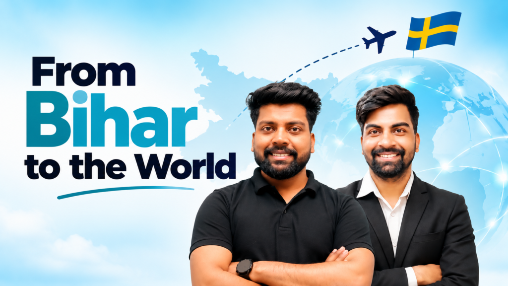 Edural Classes founders Ramashish Kumar and Roshan Kumar featured in a banner announcing foreign investment from Sweden.
